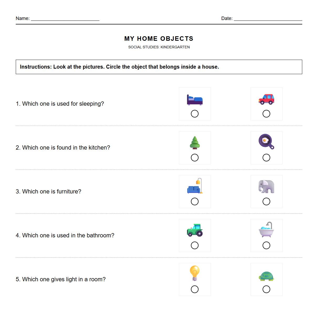 Multiple Choice Worksheet for Identifying Home Objects