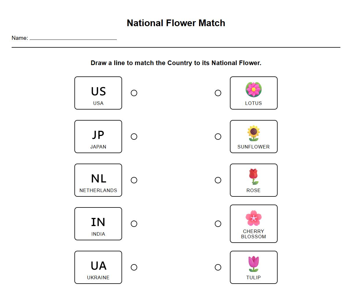 National Flower Symbol Matching Worksheet using Icons for Kindergarten