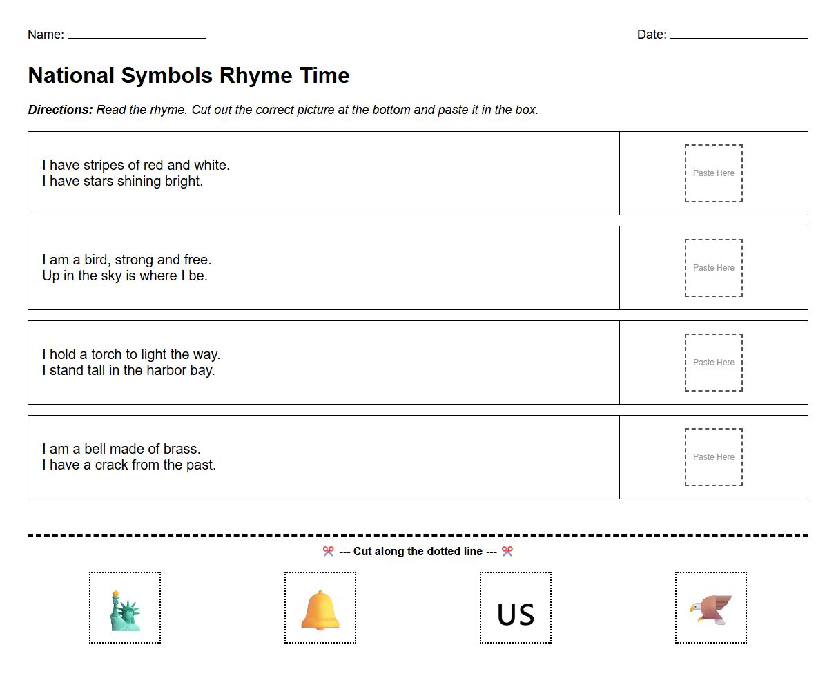 National Symbols Rhyme Recognition Cut and Paste Worksheet