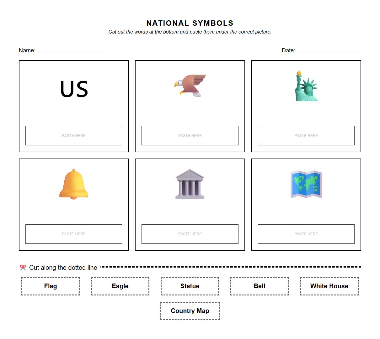 National Symbols Vocabulary Labeling Cut and Paste Worksheet