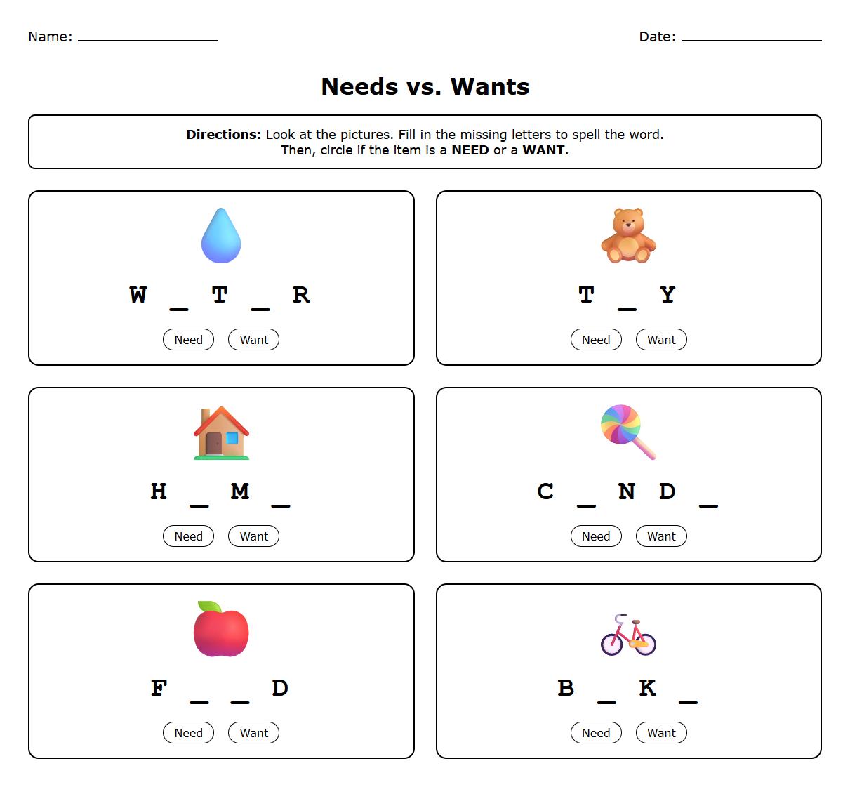 Needs vs Wants Missing Letters Phonics Worksheet