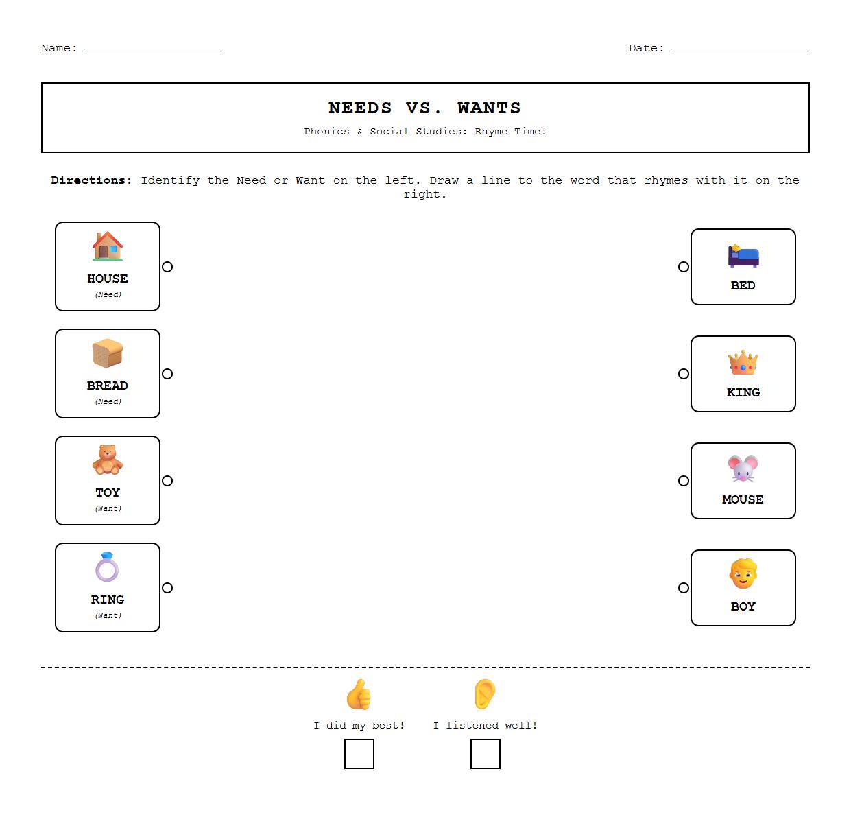 Needs vs Wants Rhyming Words Phonics Worksheet
