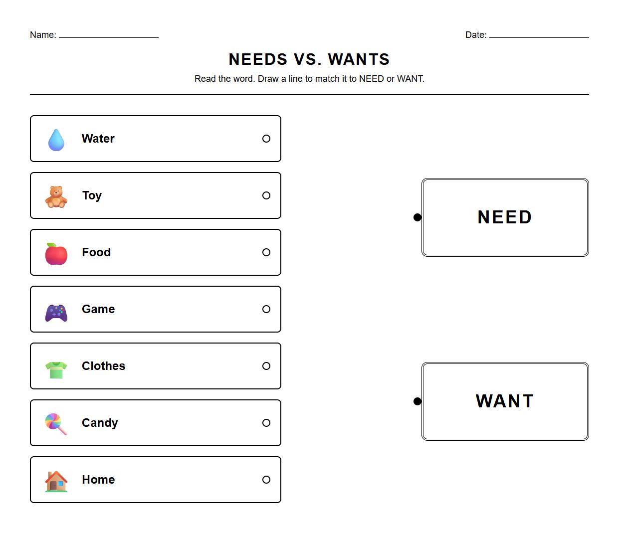 Needs and Wants Matching Words Phonics Worksheet