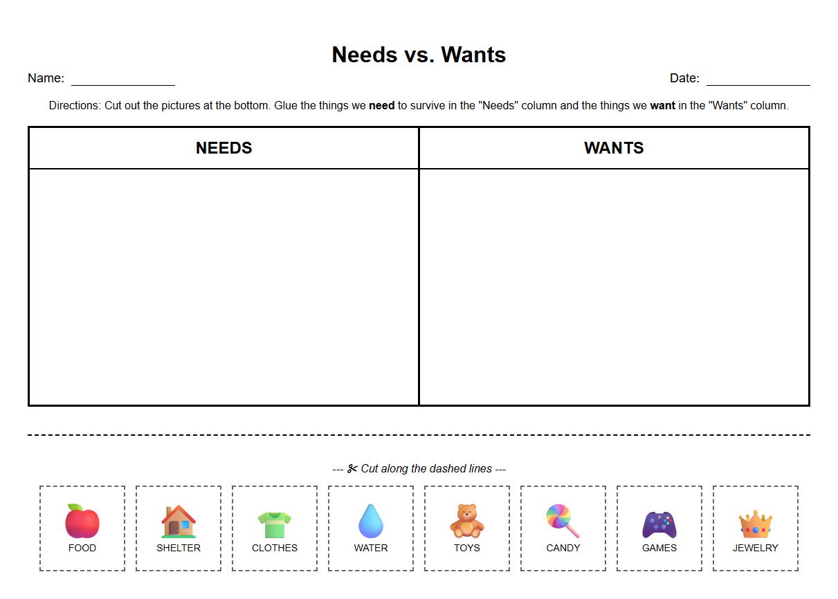 Needs-Wants T Chart Picture Matching Worksheet Kindergarten Level