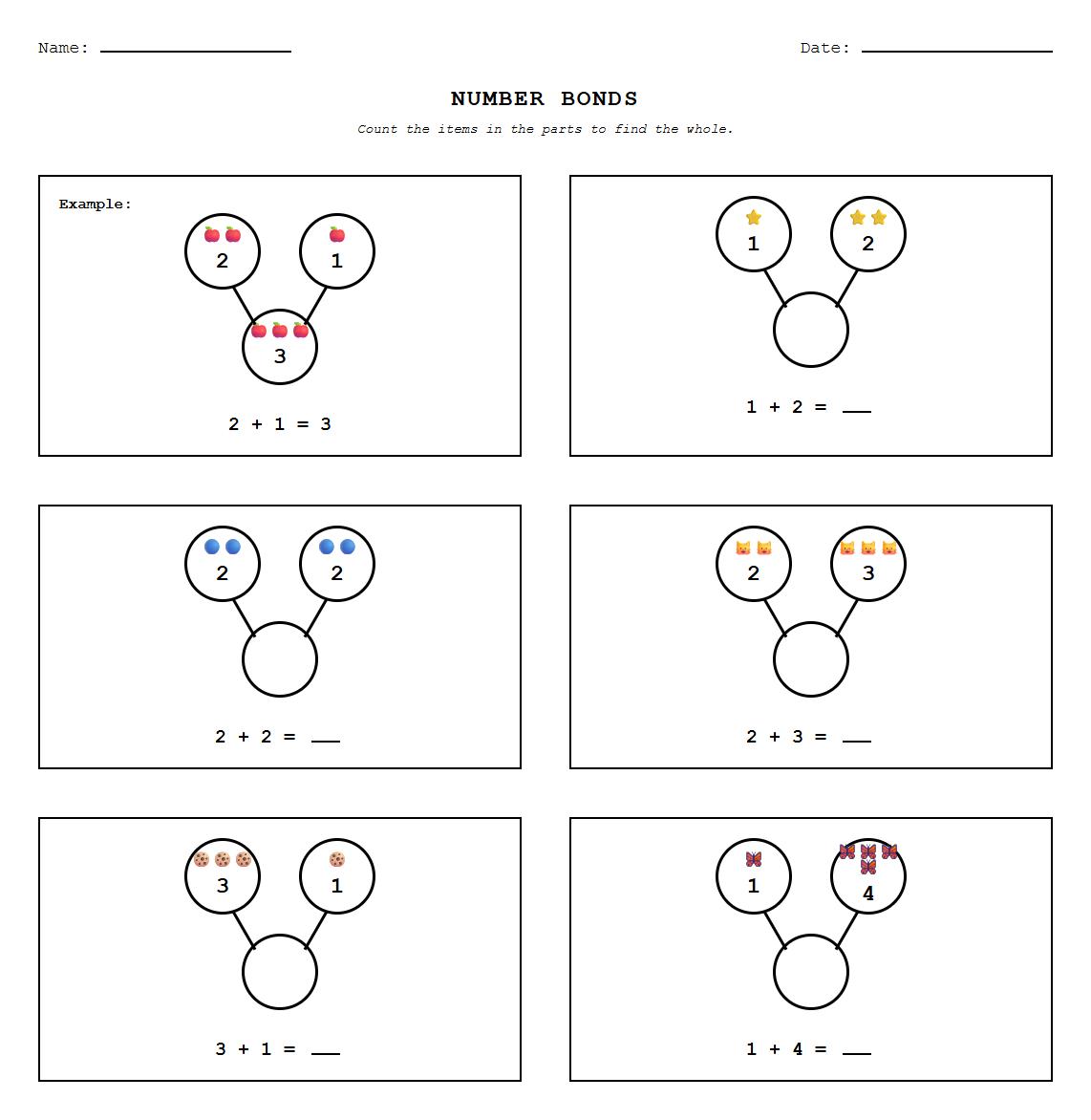 Number Bond Addition Worksheet for Basic Skill Building