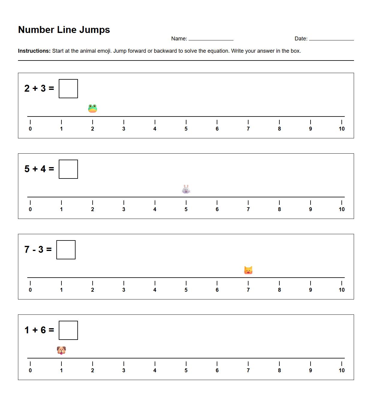 Number Line Jump Worksheets