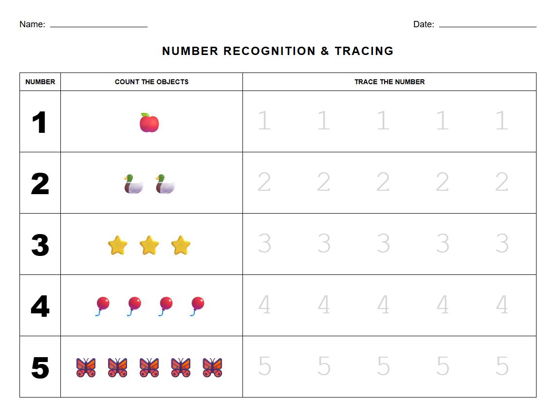 Number Recognition and Tracing Worksheet