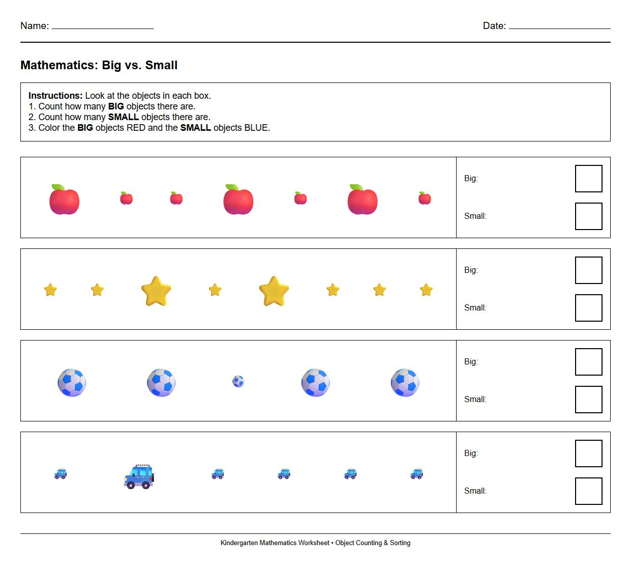 Object Counting Worksheet: Count and color big versus small objects in a group