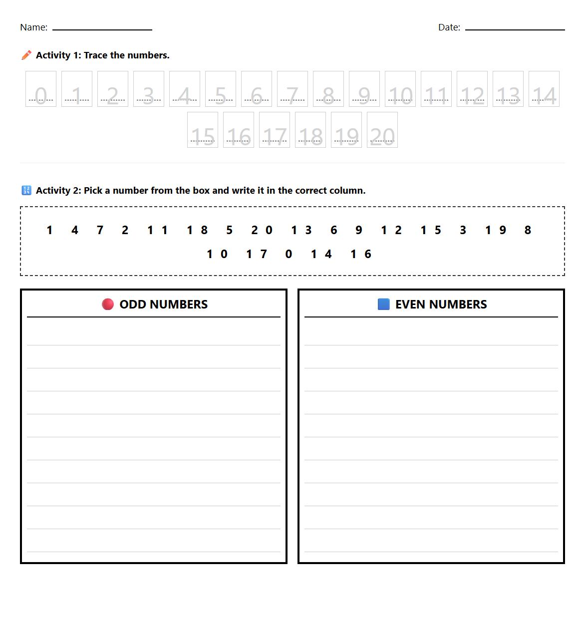 Odd and Even Number Sorting with Handwriting Practice 0 to 20