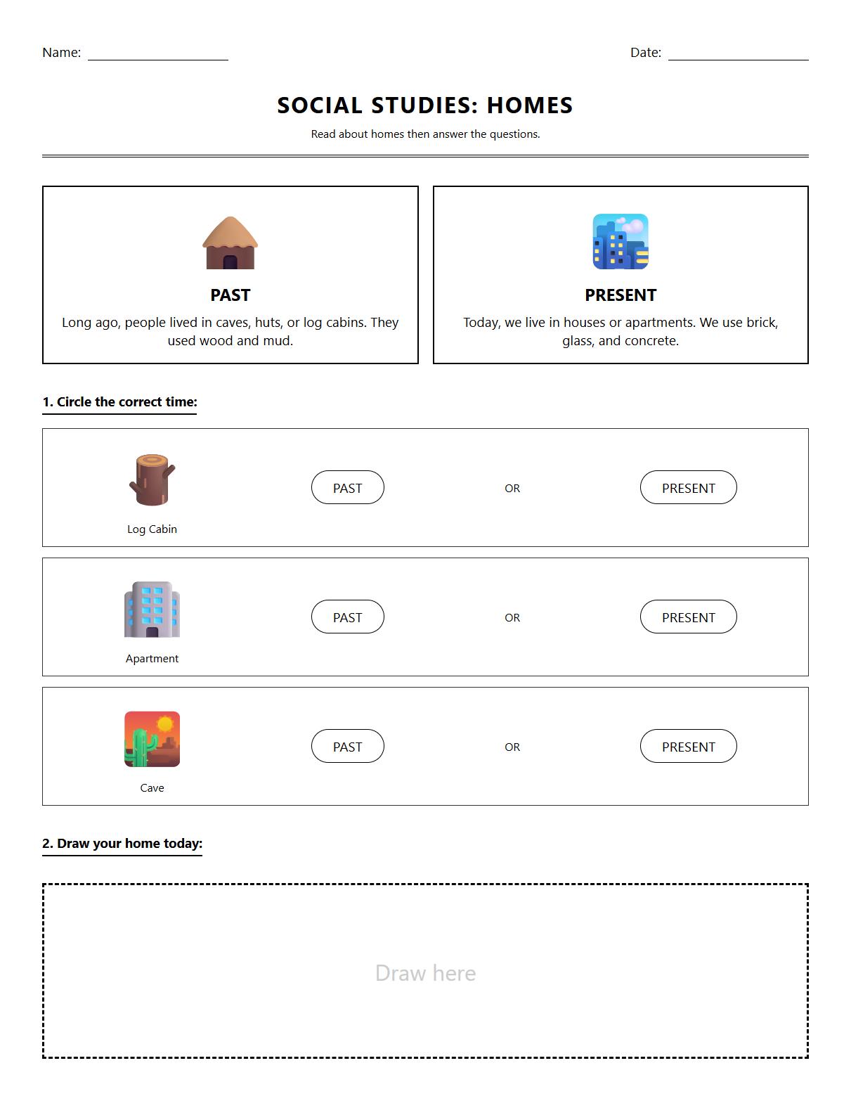 Past and present homes reading comprehension worksheet