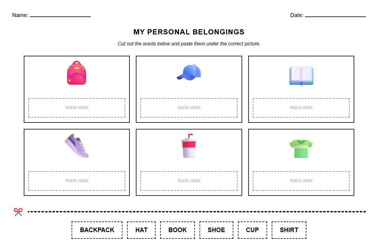Personal Belongings Labeling Phonics Cut and Paste Worksheet