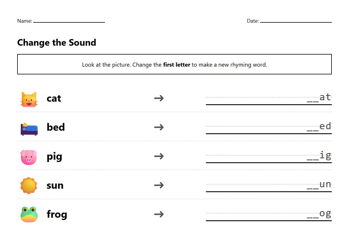 Phoneme Substitution Rhyming Words Sheet
