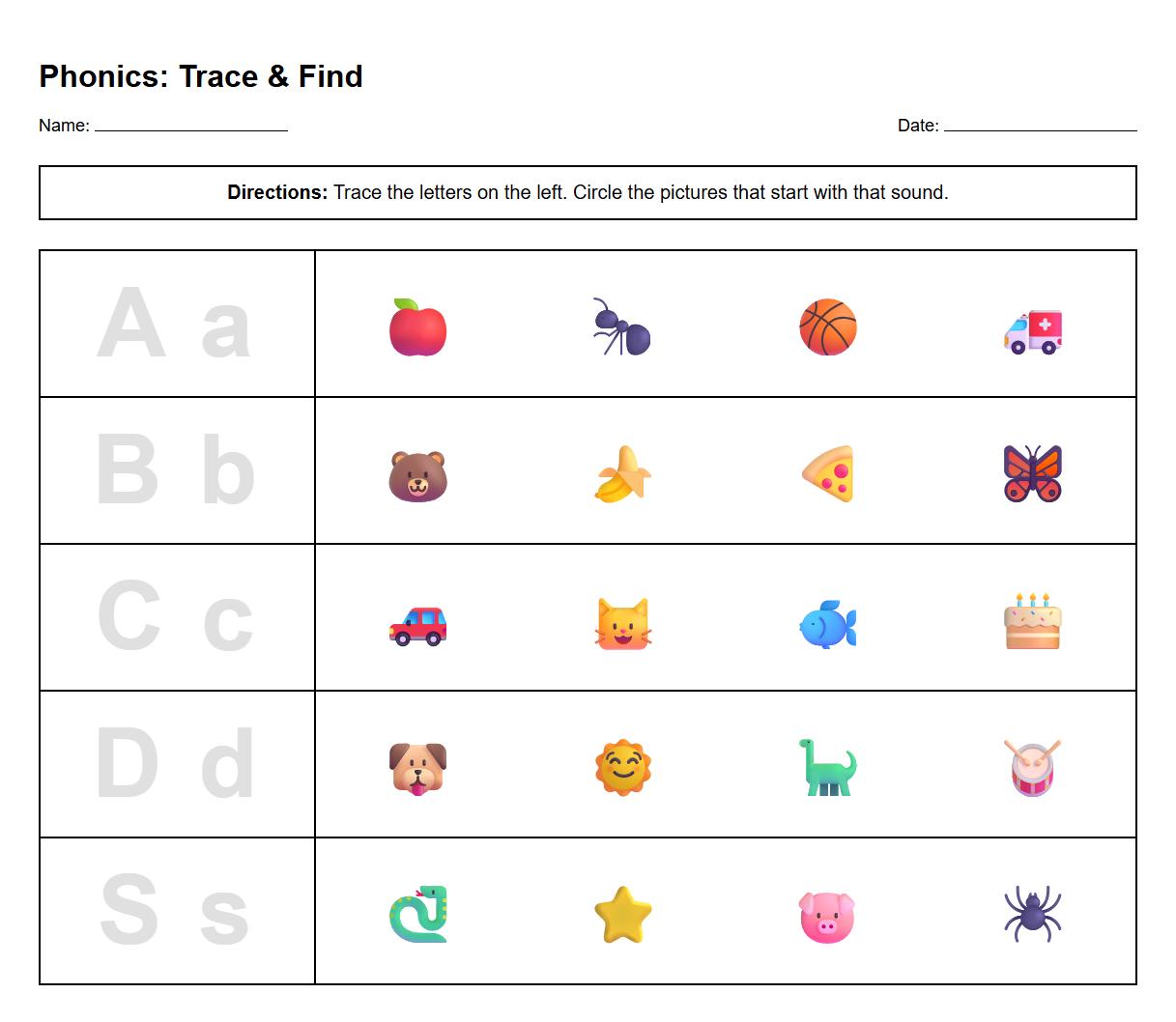 Phoneme Tracing Worksheet for Phonics Sound Discrimination