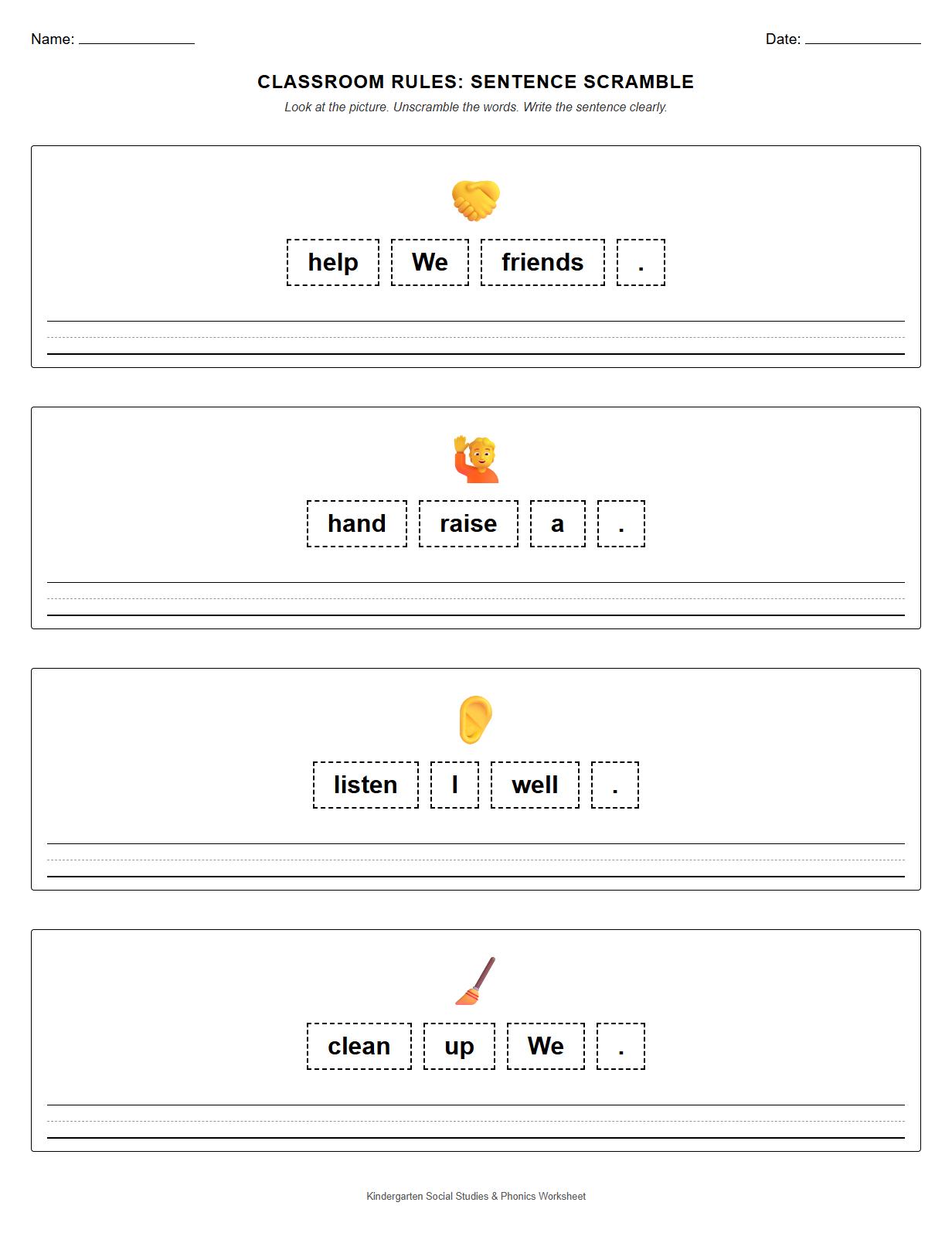 Phonics-Based Sentence Scramble Featuring Classroom Guidelines