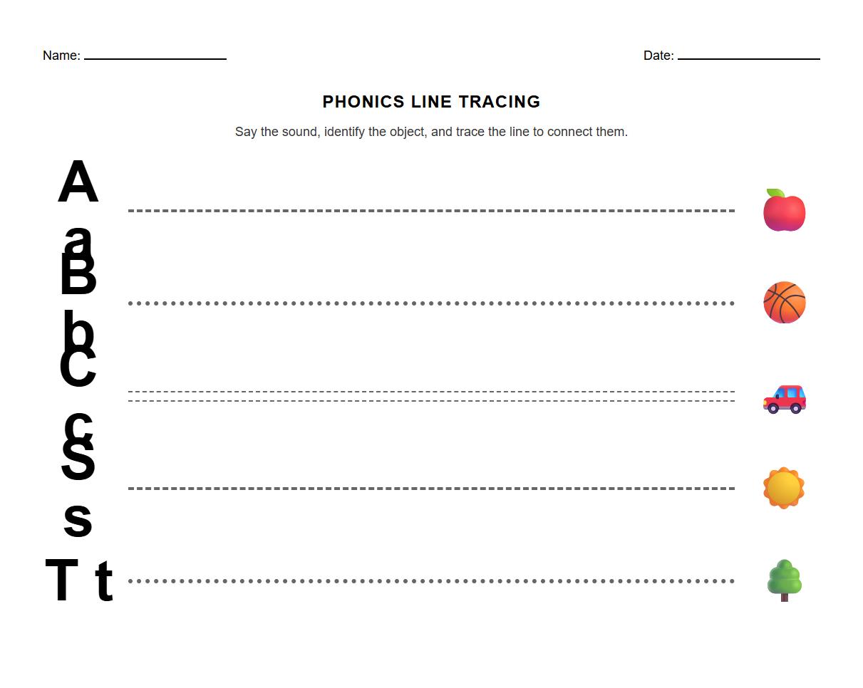 Phonics Line Tracing for Initial Sounds Recognition Worksheet