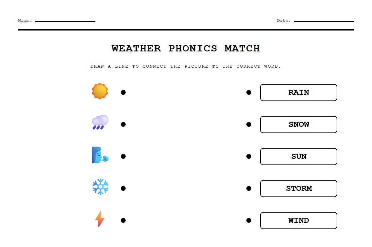 Phonics matching worksheet for weather vocabulary words