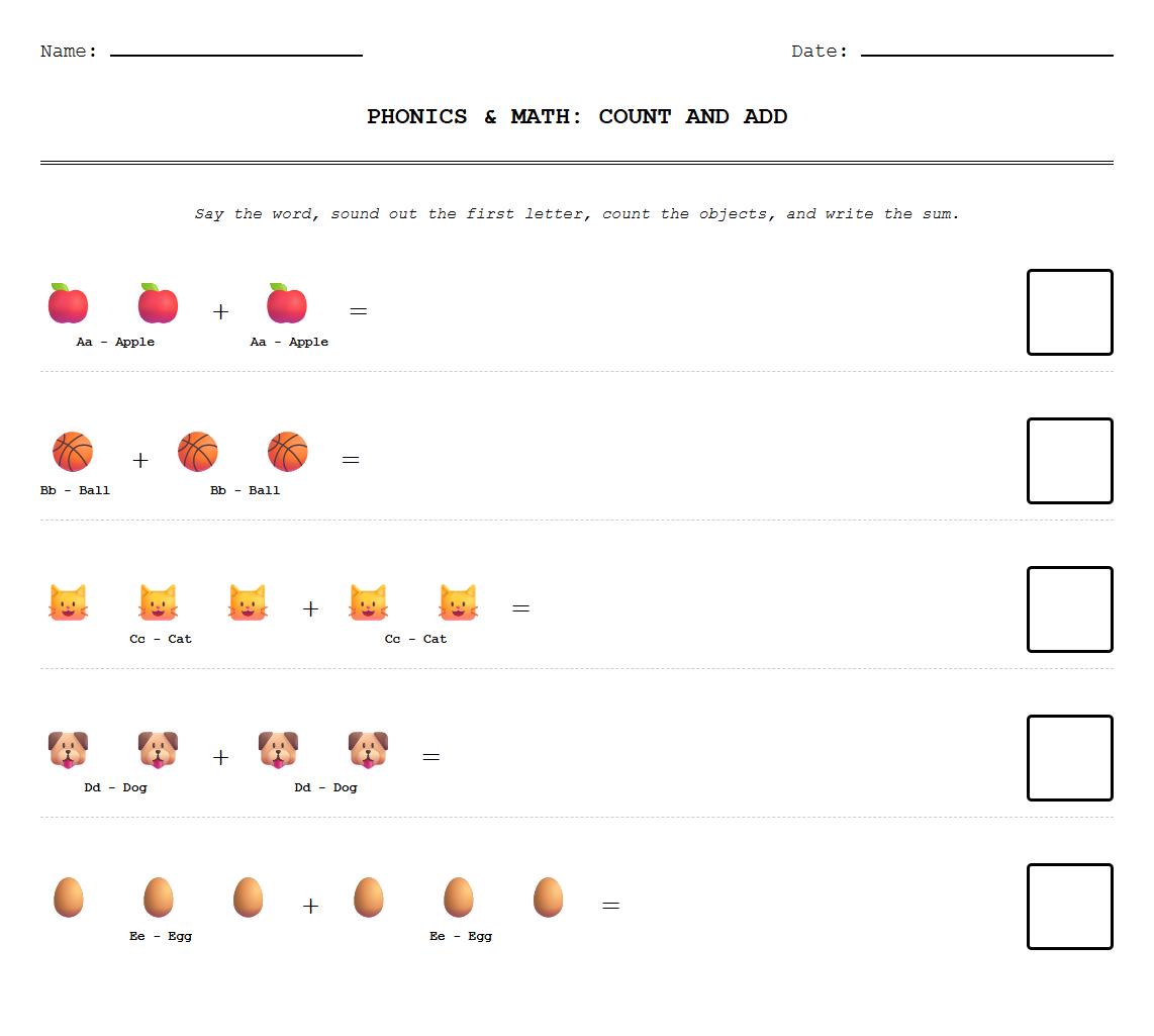 Phonics and Number Matching Addition Worksheet for cross curricular learning