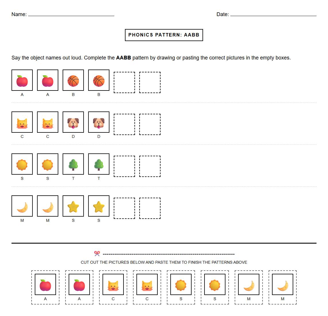 Phonics Sound AABB Pattern Worksheet Activity
