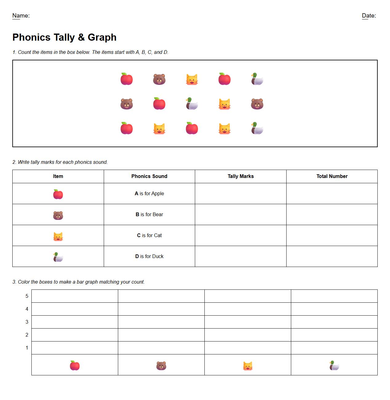 Phonics Themed Tally Marks to Bar Graph Activity