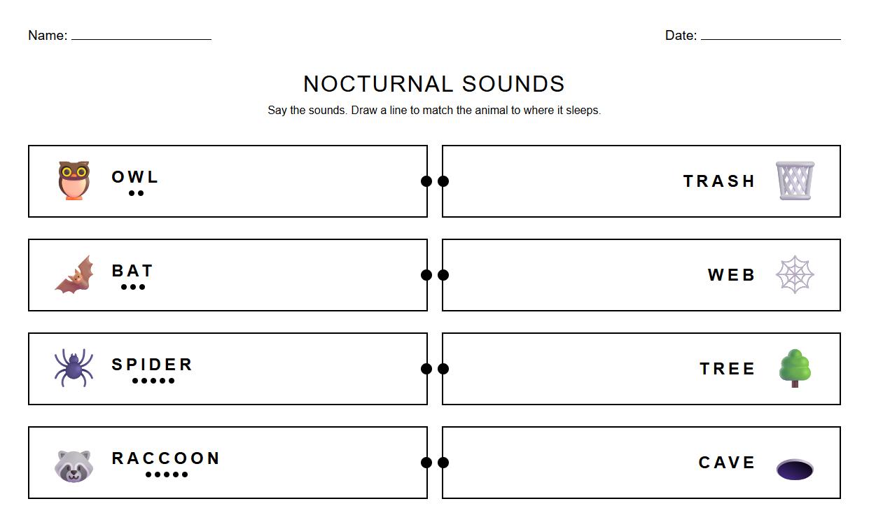 Phonics worksheet matching nocturnal animal names to their correct habitat through sound segmentation