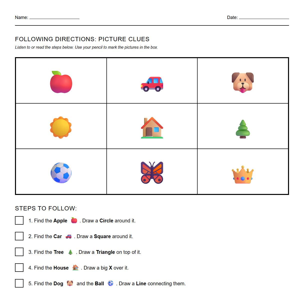 Picture Clues Multi Step Following Directions Worksheet