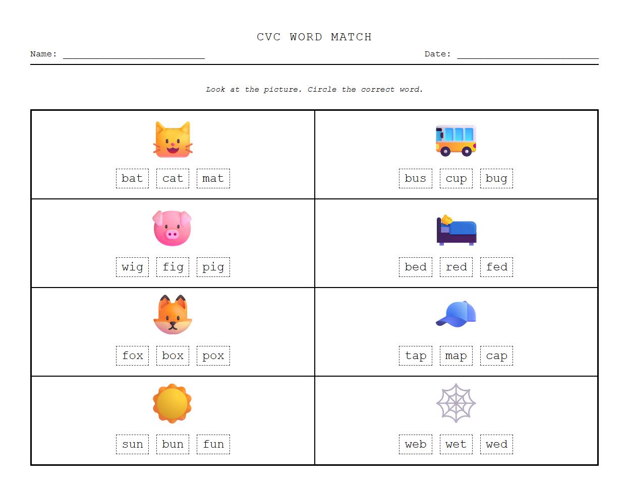Picture to CVC Word Association Worksheet