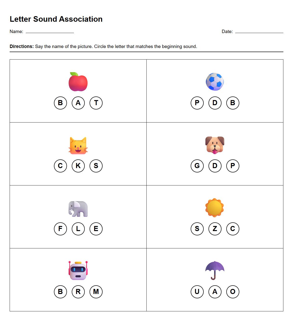 Picture to Letter Sound Association Sheet