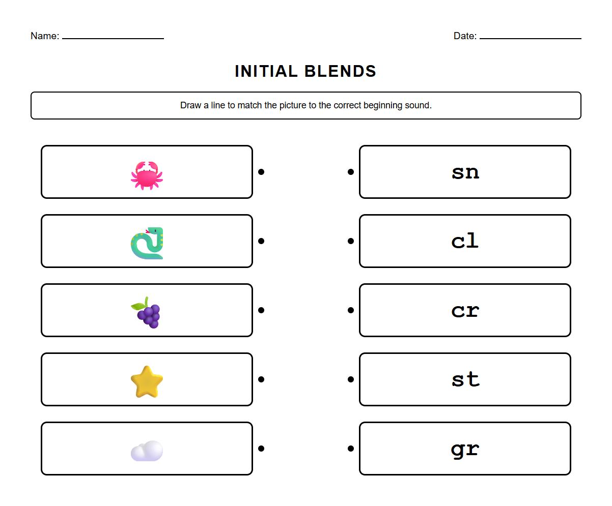 Picture Match with Initial Blends Phonological Awareness Sheet