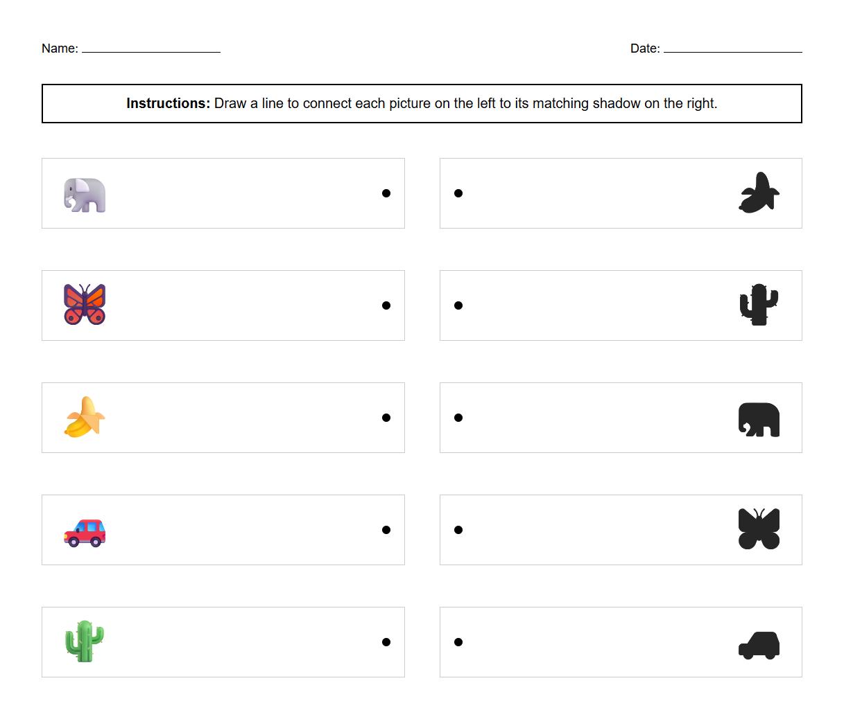Picture to Shadow Shape Matching Worksheet