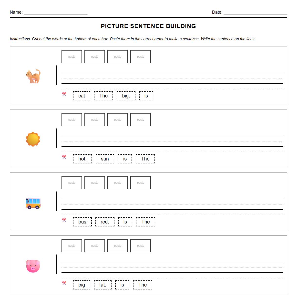 Picture Supported Sentence Construction Worksheet with CVC Words