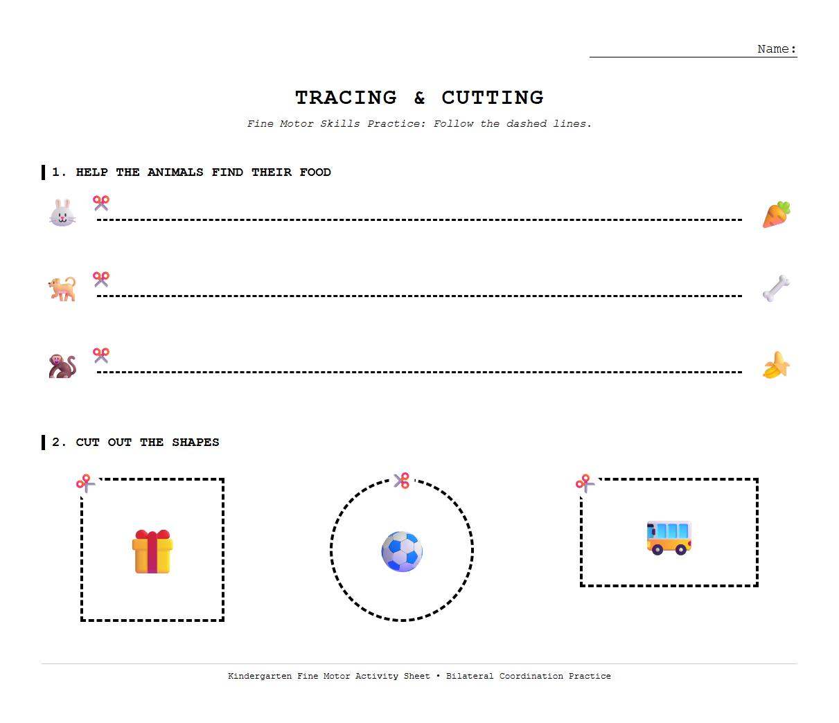 Picture Tracing and Cutting Worksheets for Bilateral Coordination