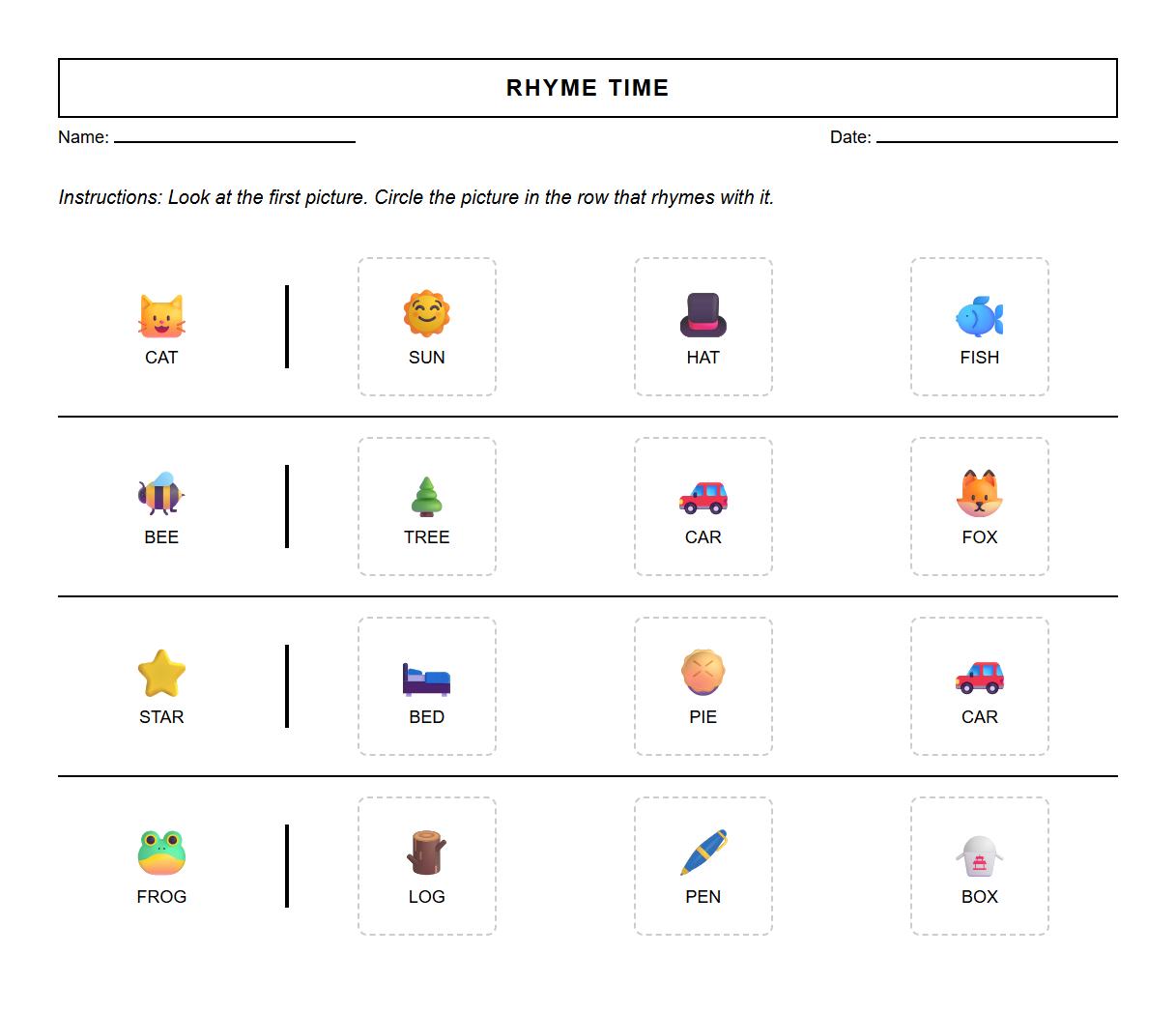 Picture and Word Rhyme Recognition Sheet