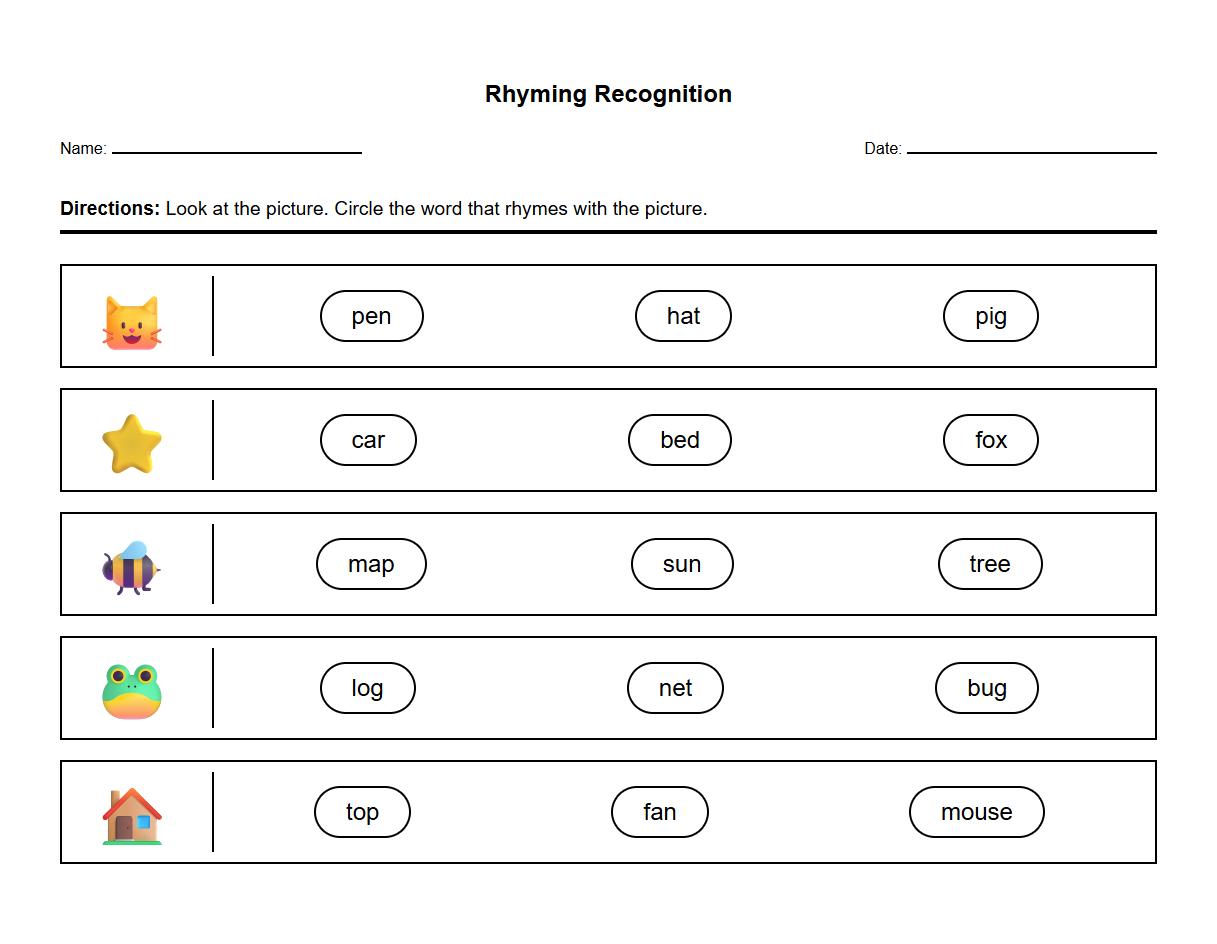 Picture to Word Rhyming Recognition Sheet