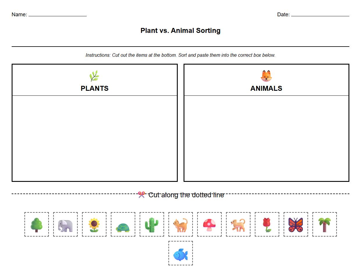 Plant vs Animal Item Sorting Worksheet using Visual Cues