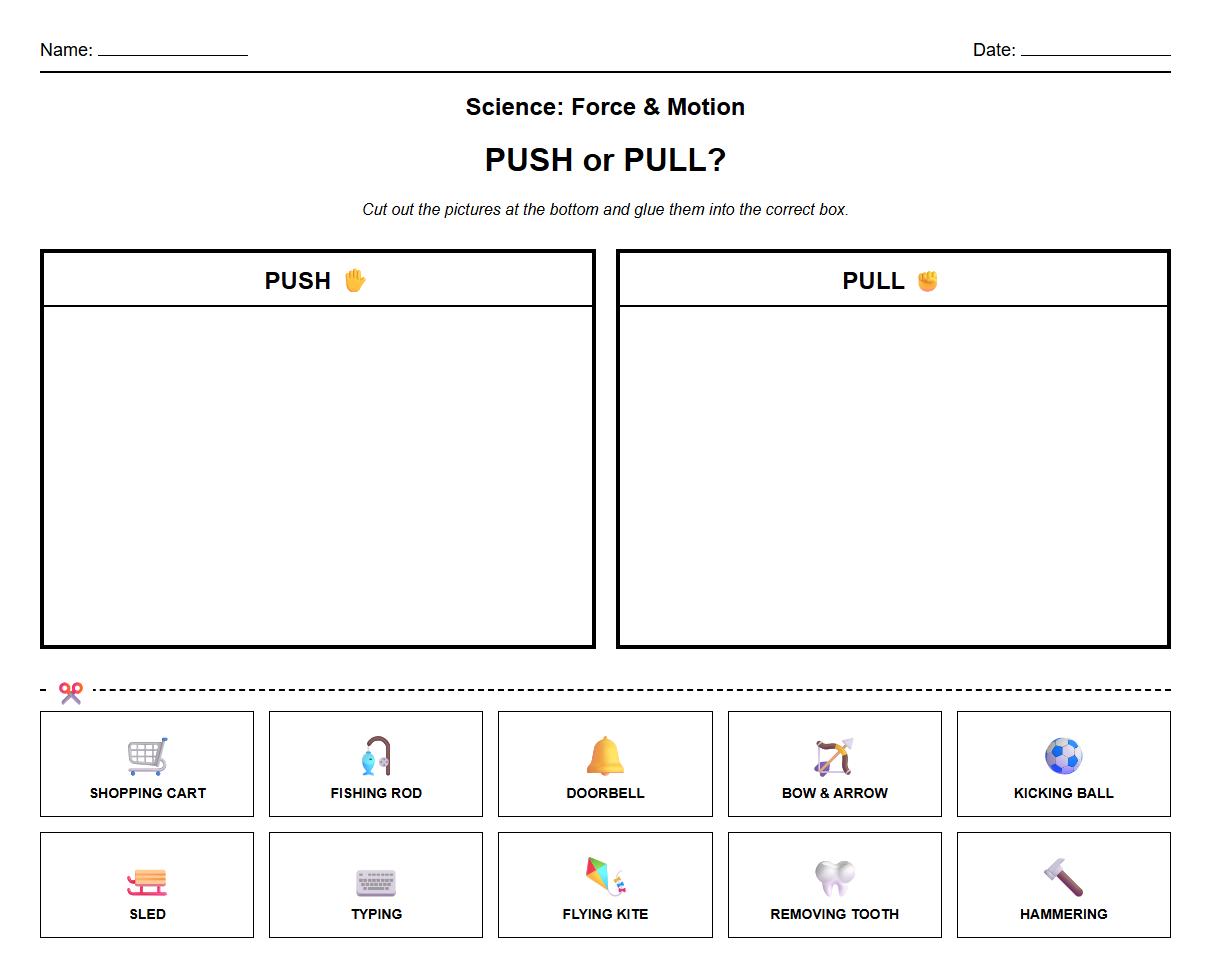 Push and Pull Force Sorting Worksheet