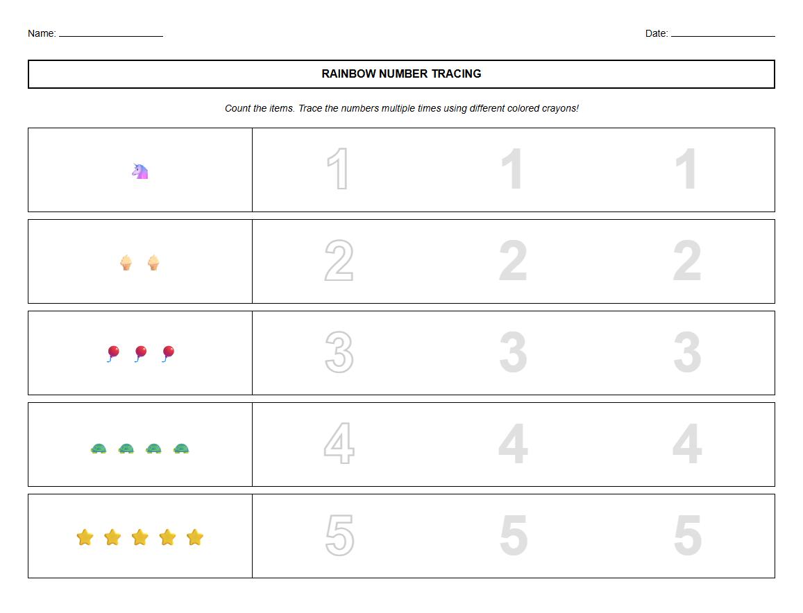 Rainbow Number Tracing for Fine Motor Skills