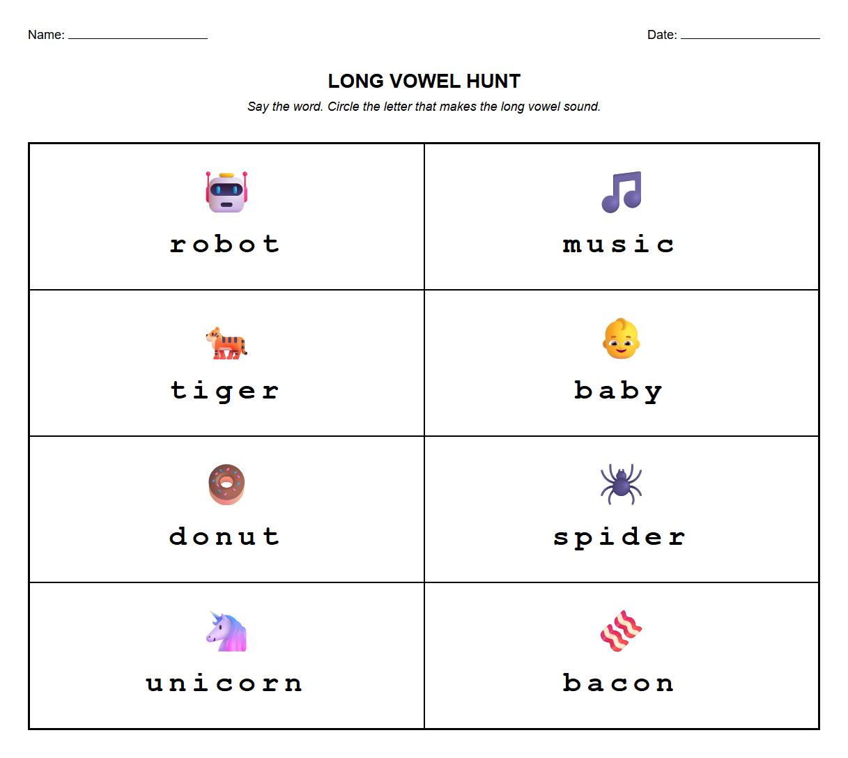 Read and circle the long vowel in multisyllabic words