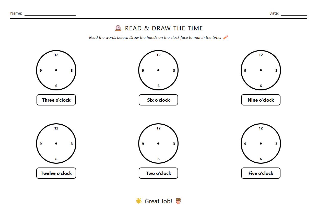Read and Draw Hands Phonics Time Worksheet