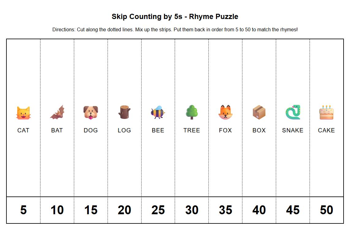 Rhyming Word Phonics Skip Counting by 5s Puzzle
