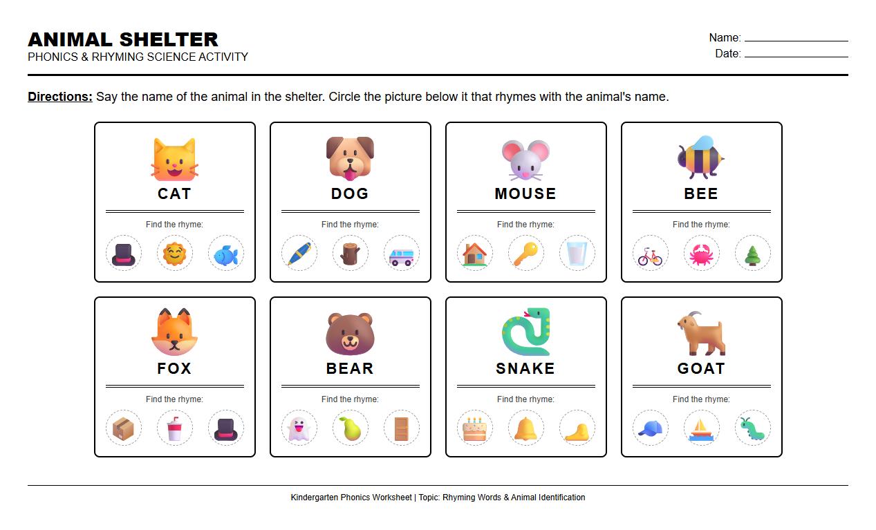 Rhyming Words Animal Shelter Phonics Cards