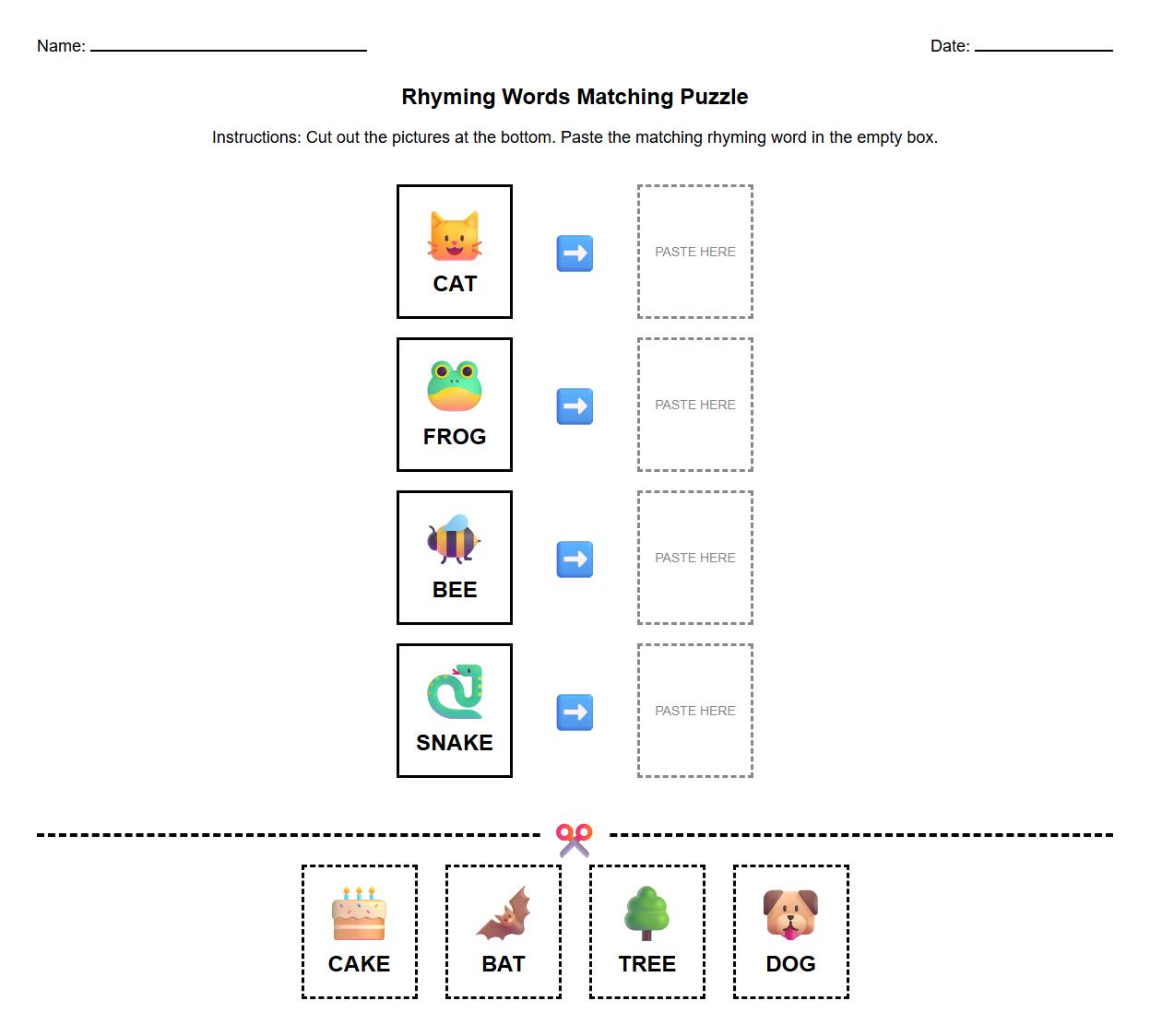 Rhyming Words Matching Puzzle Cut and Paste