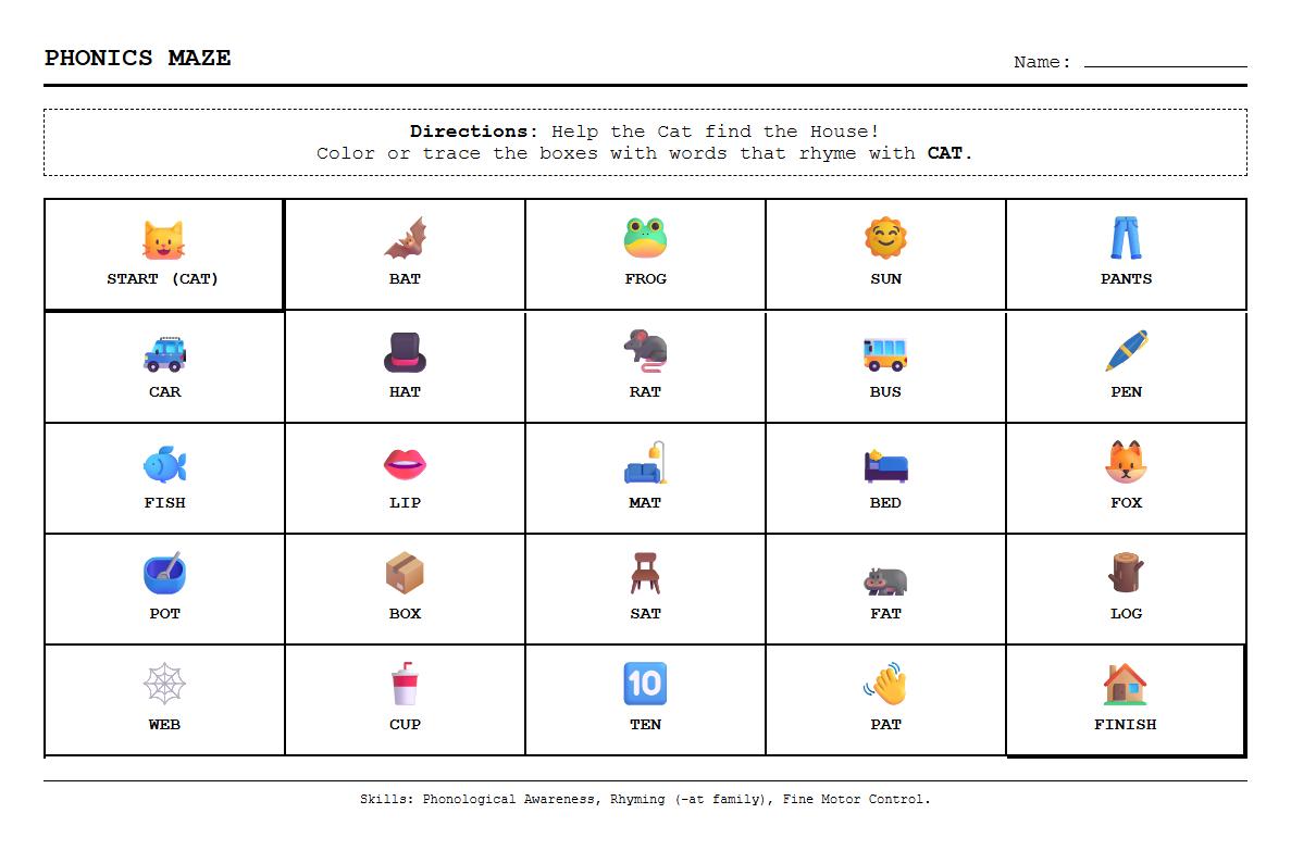 Rhyming Words Phonics Maze Exercise