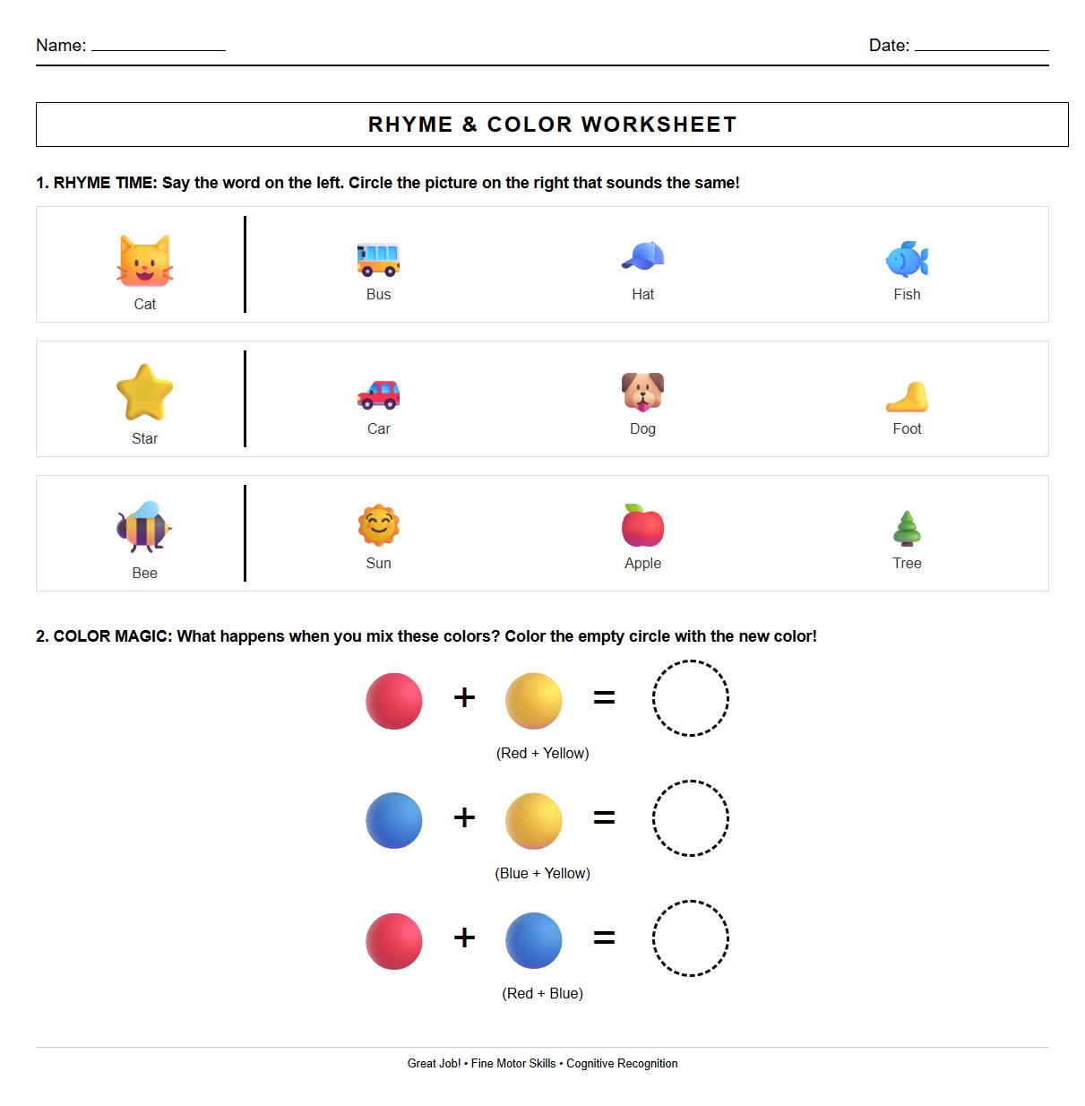 Rhyming Words Recognition and Color Blend Practice