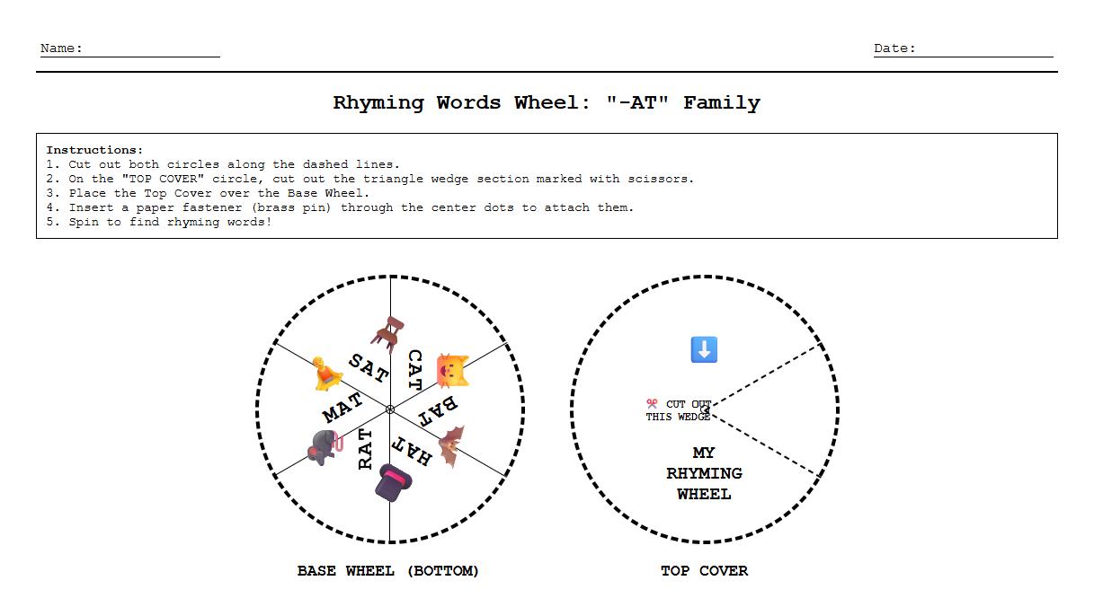 Rhyming Words Wheel Spinner for Blending Practice