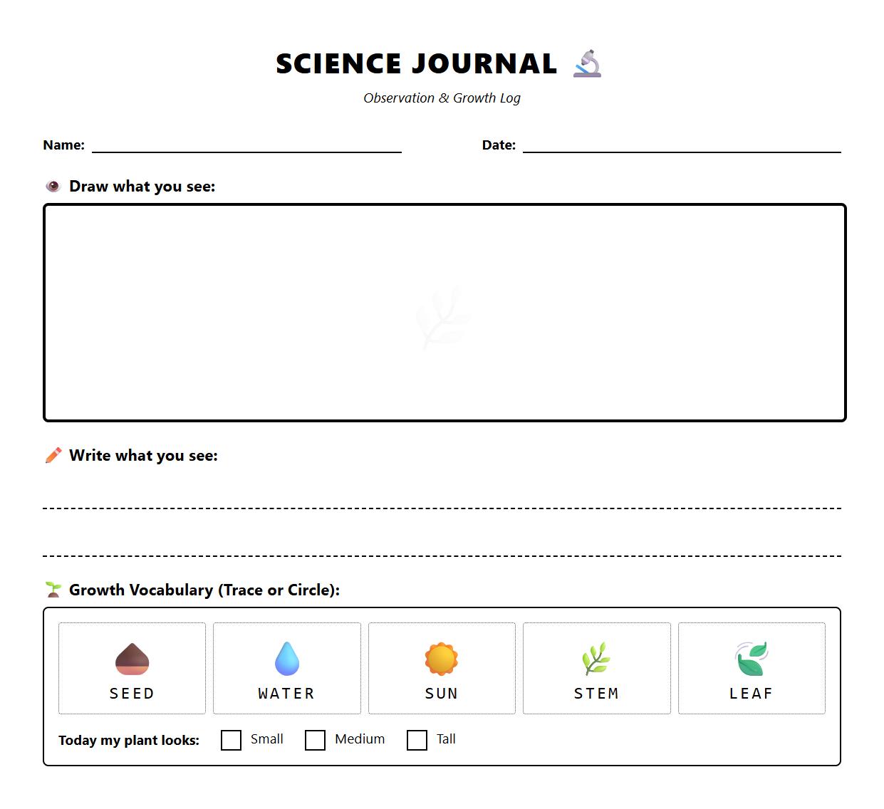 Science Observation Journal Template with Growth Vocabulary