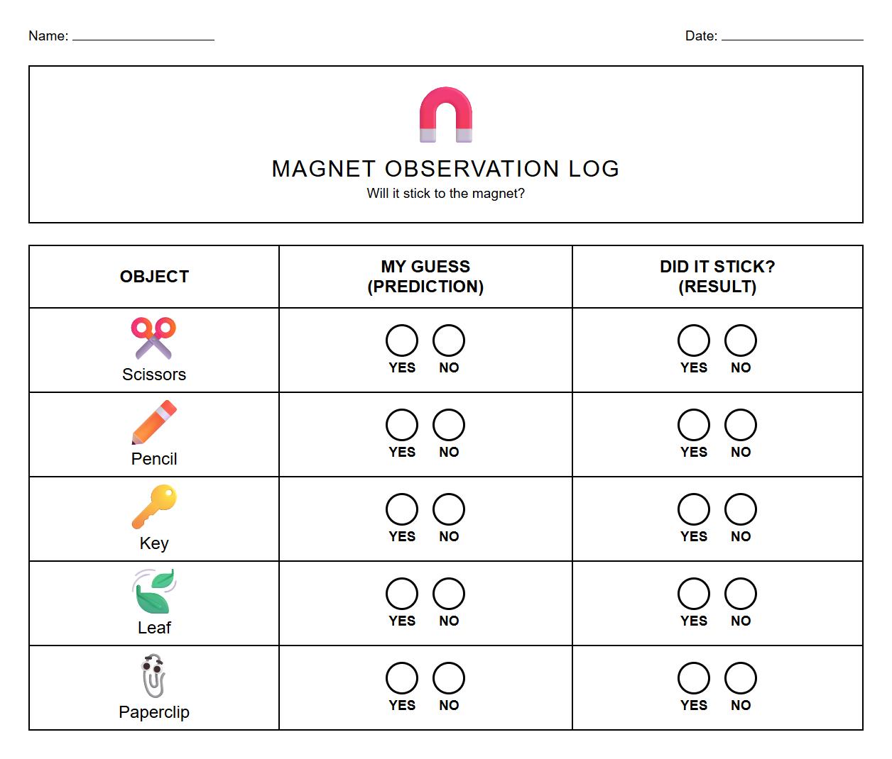 Scientific observation log worksheet for magnetism experiments