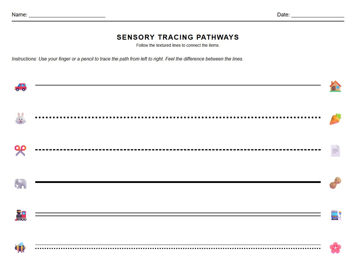 Sensory Integration Tracing Worksheet: Textured Pathways Using Dotted and Solid Lines