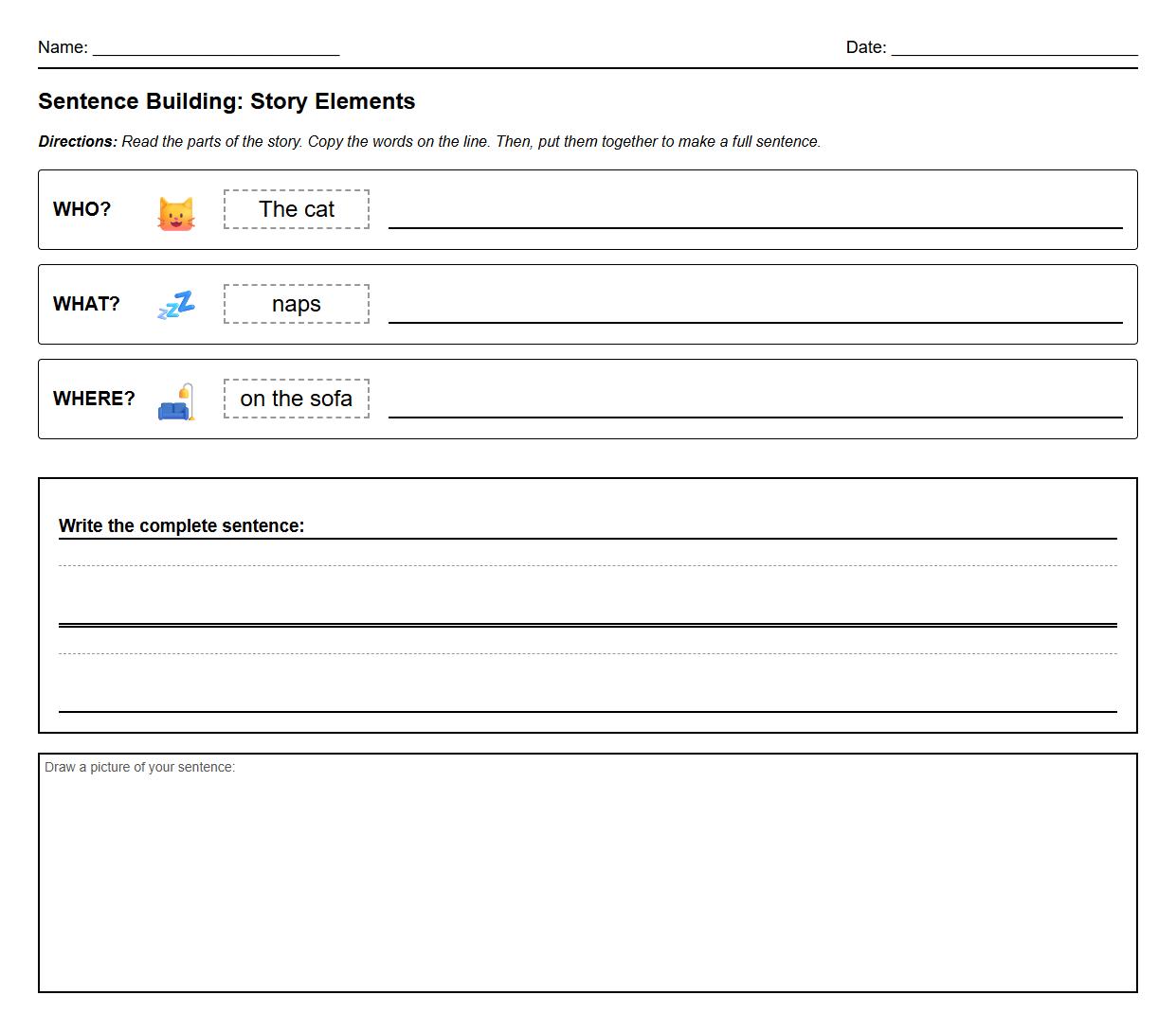 Sentence Building with Story Elements Worksheet