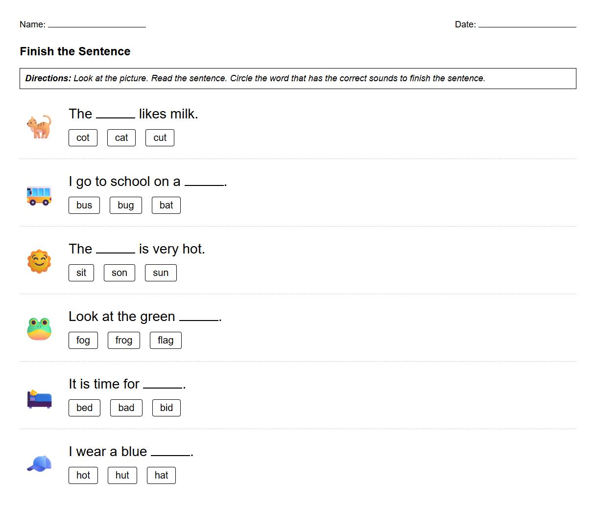 Sentence Completion Worksheet emphasizing Phonemic Awareness