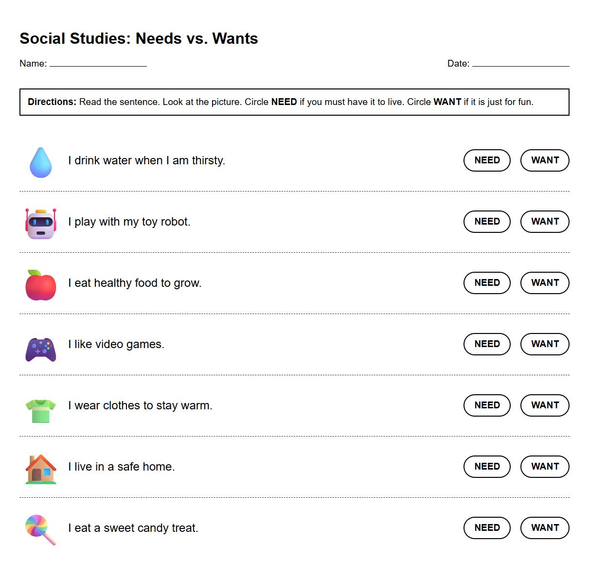 Sentence-Picture Association Worksheet on Needs vs Wants